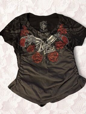 Rebel Saints Black Short-Sleeve Tee with Red Rose & Graphic